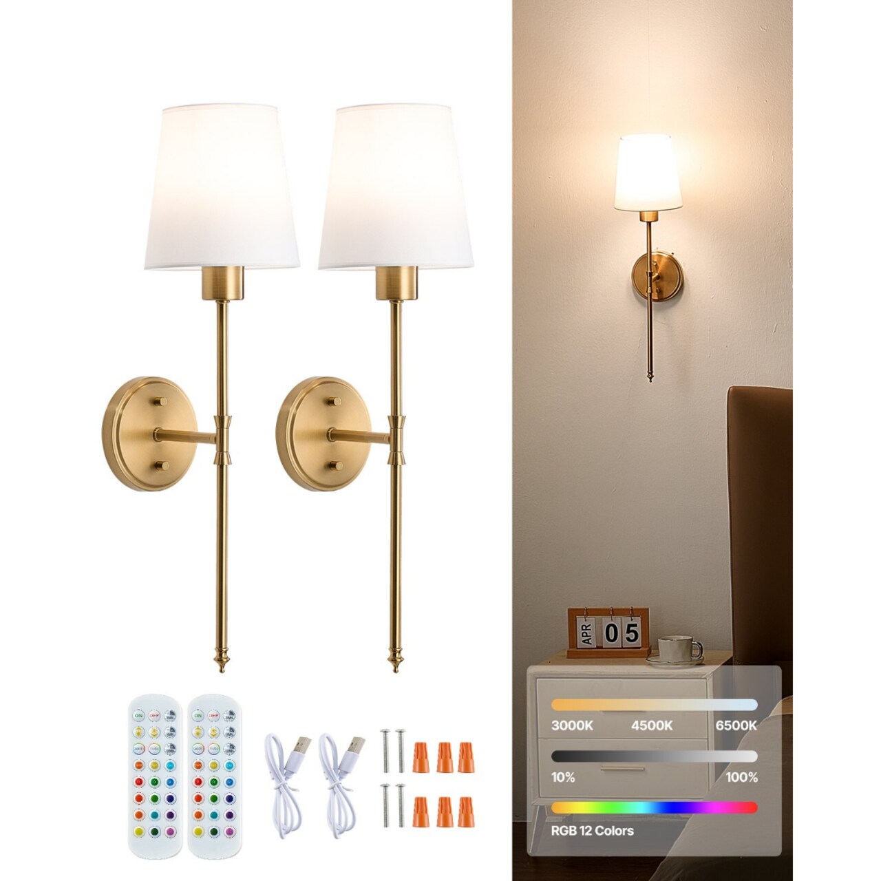 Set of 2 Rechargeable Wall Sconce Lights, Battery Powered RGB Wall Lamps with Remote and Timer